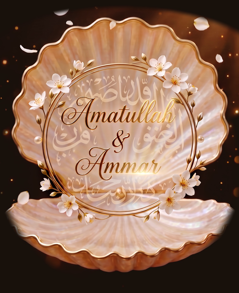 Amatullah & Ammar, written in gold inside a pearl seashell wreathed with white blossoms